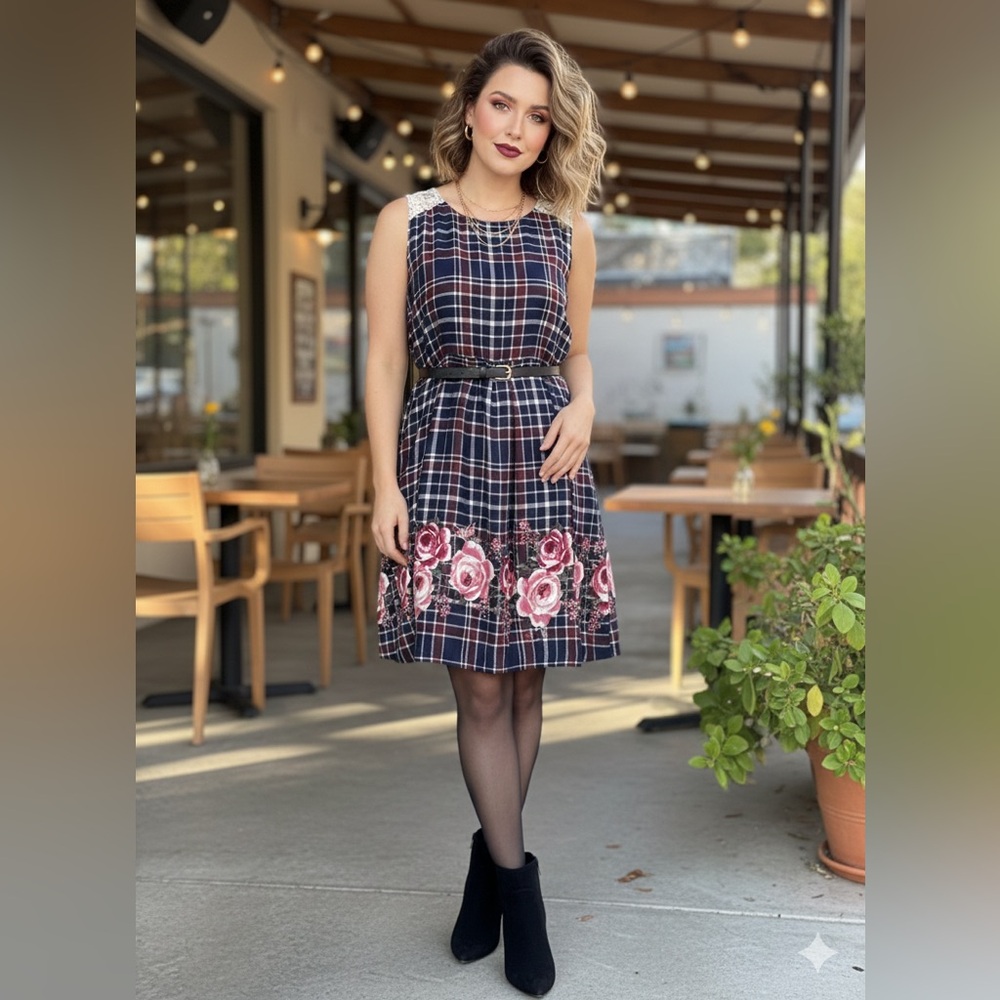 Xhilaration Navy Plaid Midi Dress with Pink Floral Design - Picture 3 of 14